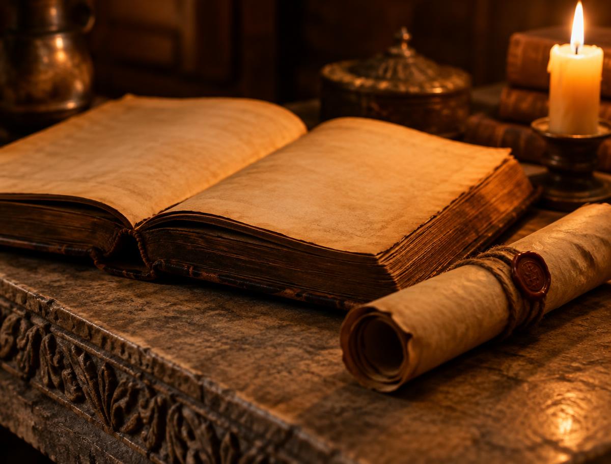 An open book and scroll by candlelight